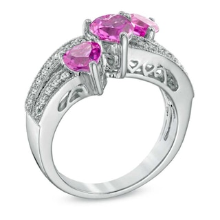 Heart-Shaped Lab-Created Pink and White Sapphire Three Stone Ring in Sterling Silver|Peoples Jewellers