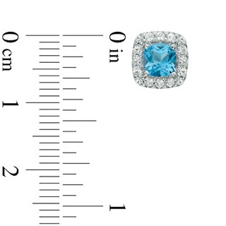 5.0mm Cushion-Cut Swiss Blue Topaz and Lab-Created White Sapphire Frame Stud Earrings in Sterling Silver|Peoples Jewellers