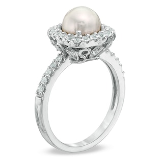 6.5-7.0mm Freshwater Cultured Pearl and Lab-Created White Sapphire Frame Ring in Sterling Silver|Peoples Jewellers