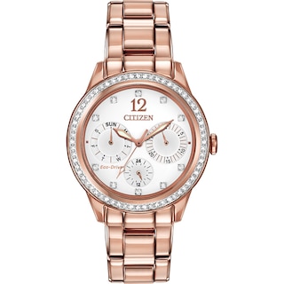 Ladies' Citizen Eco-Drive® Crystal Chronograph Rose-Tone Watch with White Dial (Model: FD2013-50A)|Peoples Jewellers