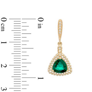 7.0mm Trillion-Cut Lab-Created Emerald and White Sapphire Frame Drop Earrings in Sterling Silver with 14K Gold Plate|Peoples Jewellers