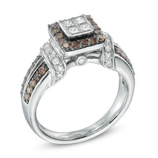 1.00 CT. T.W. Champagne and White Diamond Frame Collar Ring in 14K White Gold|Peoples Jewellers