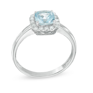 6.0mm Cushion-Cut Aquamarine and 0.16 CT. T.W. Diamond Frame Ring in 10K White Gold|Peoples Jewellers