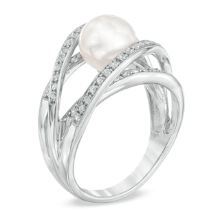 7.5-8.0mm Freshwater Cultured Pearl and Lab-Created White Sapphire Orbit Ring in Sterling Silver|Peoples Jewellers