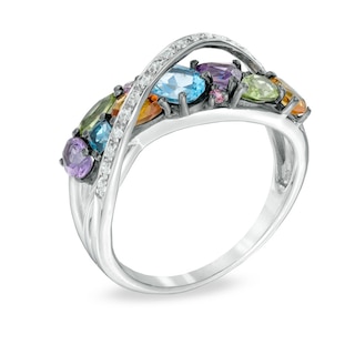 Multi-Gemstone and Lab-Created White Sapphire Cross-Over Ring in Sterling Silver|Peoples Jewellers