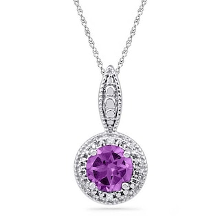 6.5mm Amethyst and Diamond Accent Frame Pendant in Sterling Silver|Peoples Jewellers
