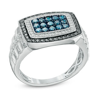 Men's 1.00 CT. T.W. Enhanced Black, Blue and White Diamond Ring in 10K White Gold|Peoples Jewellers
