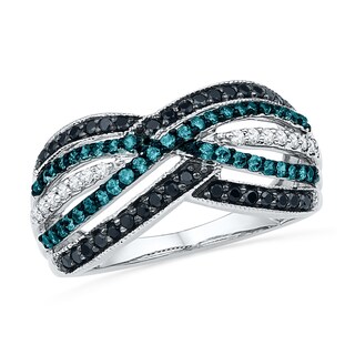 0.63 CT. T.W. Enhanced Black, Blue and White Diamond Layered Crossover Ring in 10K White Gold|Peoples Jewellers