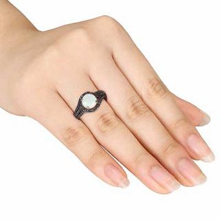 8.0mm Opal and 0.10 CT. T.W. Black Diamond Swirl Ring in Sterling Silver|Peoples Jewellers