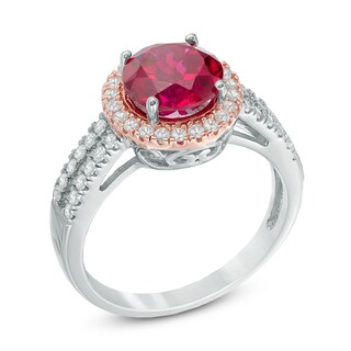 8.0mm Lab-Created Ruby and White Sapphire Frame Ring in Sterling Silver with 14K Rose Gold Plate|Peoples Jewellers