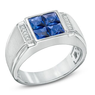 Men's Square-Cut Lab-Created Blue Sapphire and Diamond Accent Quad Ring in Sterling Silver|Peoples Jewellers