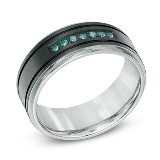 Men's 0.15 CT. T.W. Enhanced Blue Diamond Comfort Fit Two-Tone Stainless Steel Wedding Band - Size 10|Peoples Jewellers