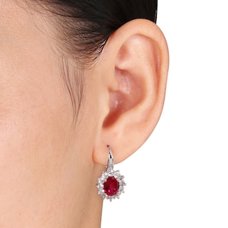 Oval Lab-Created Ruby, White Lab-Created Sapphire and 0.04 CT. T.W. Diamond Frame Drop Earrings in Sterling Silver|Peoples Jewellers