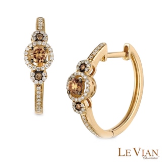 Le Vian Chocolate Diamonds® 0.42 CT. T.W. Diamond Three Stone Frame Hoop Earrings in 14K Honey Gold™|Peoples Jewellers
