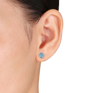 5.0mm Blue Topaz and Diamond Accent Frame Stud Earrings in 10K White Gold|Peoples Jewellers