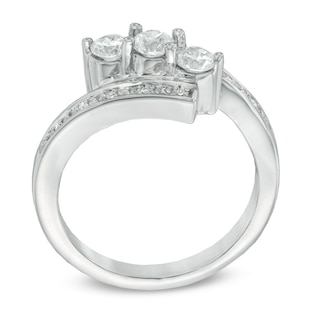 Lab-Created White Sapphire and Diamond Accent Three Stone Bypass Ring in Sterling Silver|Peoples Jewellers