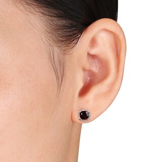5.0mm Cushion-Cut Garnet and 0.09 CT. T.W. Diamond Stud Earrings in 10K Rose Gold|Peoples Jewellers