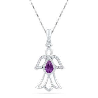 Pear-Shaped Amethyst and 0.10 CT. T.W. Diamond Angel Pendant in Sterling Silver|Peoples Jewellers