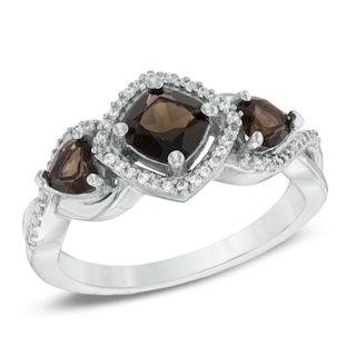 5.0mm Cushion-Cut Smoky Quartz and 0.10 CT. T.W. Diamond Three Stone Ring in Sterling Silver|Peoples Jewellers