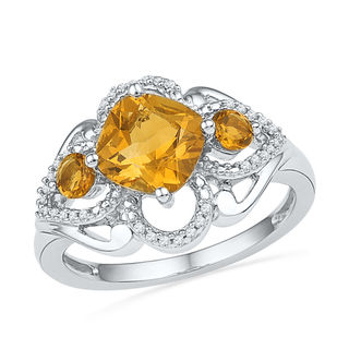 7.0mm Cushion-Cut Citrine and 0.10 CT. T.W. Diamond Ring in Sterling Silver|Peoples Jewellers