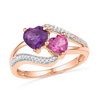 6.0mm Heart-Shaped Amethyst, Pink Lab-Created Sapphire and 0.08 CT. T.W. Diamond Ring in 10K Rose Gold|Peoples Jewellers