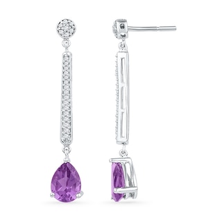 Pear-Shaped Amethyst and 0.20 CT. T.W. Diamond Linear Drop Earrings in 10K White Gold|Peoples Jewellers