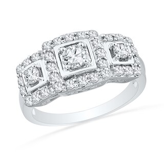Lab-Created White Sapphire Square Frame Three Stone Ring in Sterling Silver|Peoples Jewellers