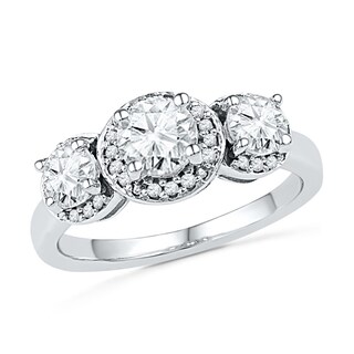 Lab-Created White Sapphire and 0.10 CT. T.W. Diamond Frame Three Stone Ring in Sterling Silver|Peoples Jewellers