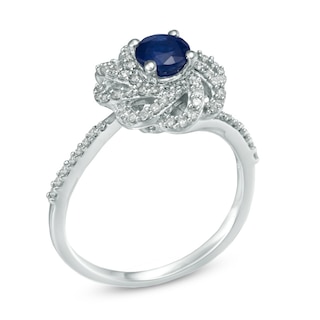 5.0mm Blue Sapphire and 0.32 CT. T.W. Diamond Flower Ring in 10K White Gold|Peoples Jewellers