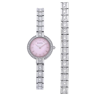 Ladies' Bulova Crystal Accent Watch with Pink Mother-of-Pearl Dial Boxed Watch and Bracelet Set (Model: 96X131)|Peoples Jewellers