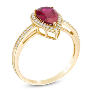 Pear-Shaped Lab-Created Ruby and Diamond Accent Ring in 10K Gold|Peoples Jewellers
