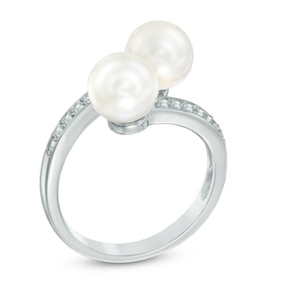 6.5-7.0mm Freshwater Cultured Pearl and Lab-Created White Sapphire Bypass Ring in Sterling Silver|Peoples Jewellers