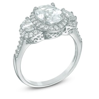 Oval Lab-Created White Sapphire Frame Three Stone Ring in Sterling Silver|Peoples Jewellers