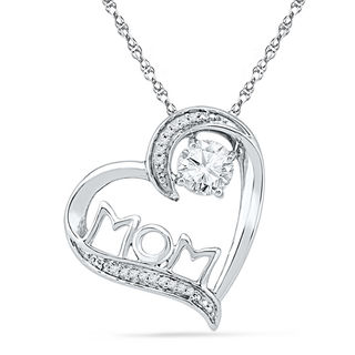 5.0mm White Lab-Created Sapphire and 0.05 CT. T.W. Diamond "MOM" Tilted Heart Pendant in Sterling Silver|Peoples Jewellers