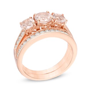 Morganite and 0.46 CT. T.W. Diamond Three Stone Bridal Set in 14K Rose Gold|Peoples Jewellers