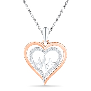 0.13 CT. T.W. Diamond Double Heart with Heartbeat Pendant in Sterling Silver and 10K Rose Gold|Peoples Jewellers