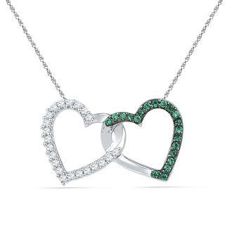 0.16 CT. T.W. Enhanced Green and White Diamond Interlocking Hearts Necklace in Sterling Silver - 17"|Peoples Jewellers