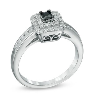 0.50 CT. T.W. Enhanced Black and White Diamond Double Square Frame Engagement Ring in Sterling Silver|Peoples Jewellers