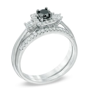 0.50 CT. T.W. Enhanced Black and White Diamond Three Stone Bridal Set in 10K White Gold|Peoples Jewellers