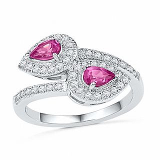 Pear-Shaped Lab-Created Pink Sapphire and 0.30 CT. T.W. Diamond Frame Bypass Ring in Sterling Silver|Peoples Jewellers