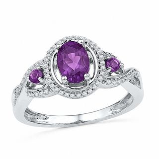 Oval Amethyst and 0.18 CT. T.W. Diamond Three Stone Ring in Sterling Silver|Peoples Jewellers