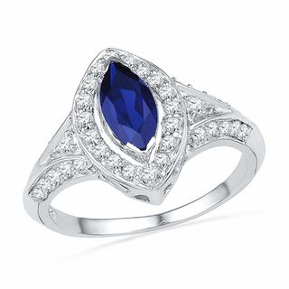 Marquise-Cut Lab-Created Blue Sapphire and 0.30 CT. T.W. Diamond Frame Ring in Sterling Silver|Peoples Jewellers