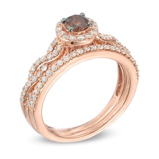 1.00 CT. T.W. Champagne and White Diamond Frame Twist Shank Bridal Set in 14K Rose Gold|Peoples Jewellers