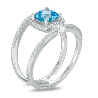 6.0mm Cushion-Cut Blue Topaz and Lab-Created White Sapphire Frame Split Shank Ring in Sterling Silver|Peoples Jewellers