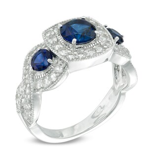 Lab-Created Blue and White Sapphire Frame Three Stone Ring in Sterling Silver|Peoples Jewellers