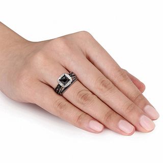 1.50 CT. T.W. Cushion-Cut Enhanced Black and White Diamond Square Frame Bridal Set in Sterling Silver|Peoples Jewellers