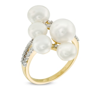 6.0-8.0mm Freshwater Cultured Pearl and 0.14 CT. T.W. Diamond Cluster Ring in 10K Gold|Peoples Jewellers