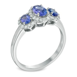 Oval Tanzanite and 0.25 CT. T.W. Diamond Frame Three Stone Ring in 10K White Gold|Peoples Jewellers