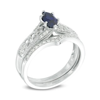 Marquise Lab-Created Blue Sapphire and 0.18 CT. T.W. Diamond Vintage-Style Bridal Set in 10K White Gold|Peoples Jewellers