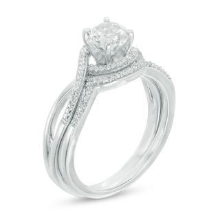 5.5mm White Lab-Created Sapphire and 0.08 CT. T.W. Diamond Swirl Frame Bridal Set in Sterling Silver|Peoples Jewellers